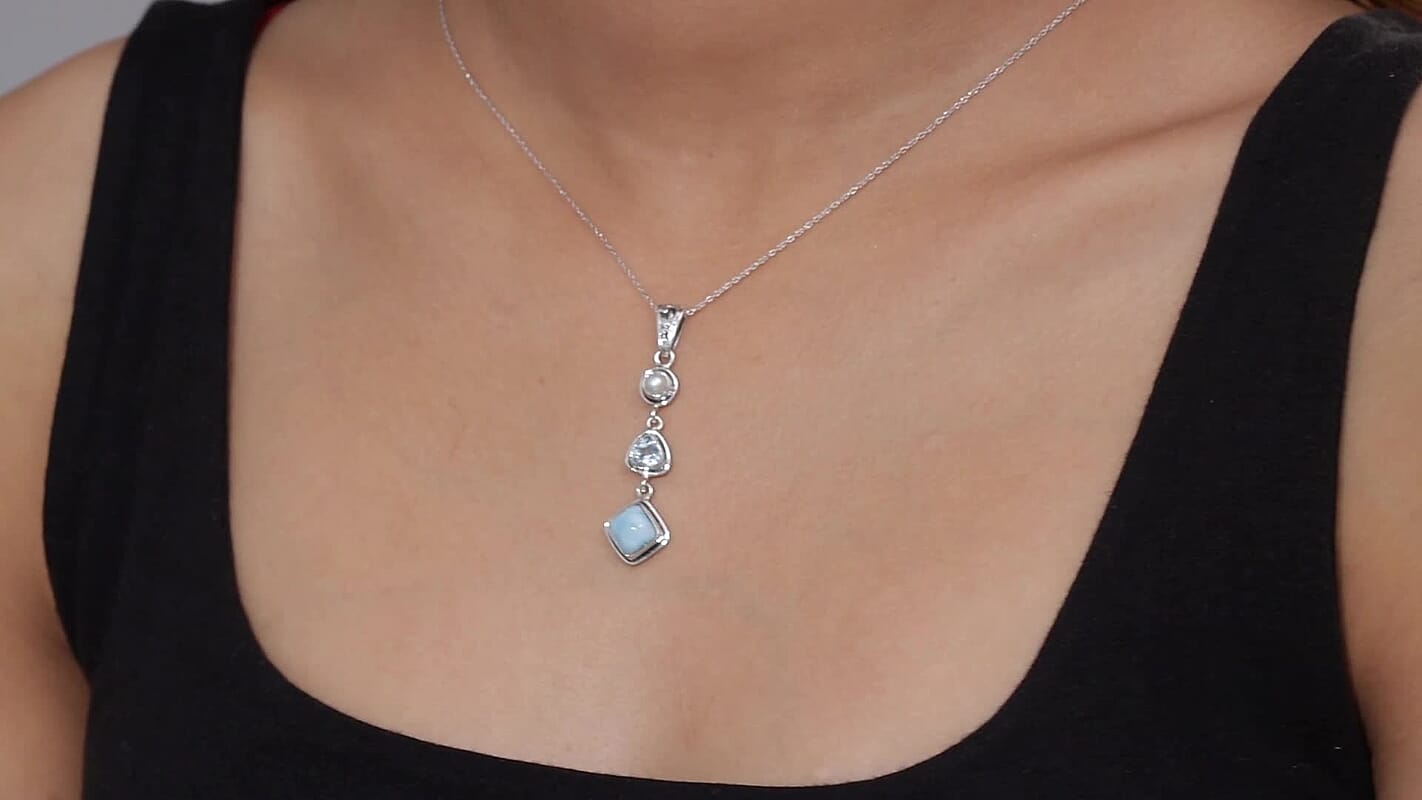 Prmium Larimar and Multi Gemstone 2.35 ctw Pendant Necklace in Rhodium Over Sterling Silver 20 Inches