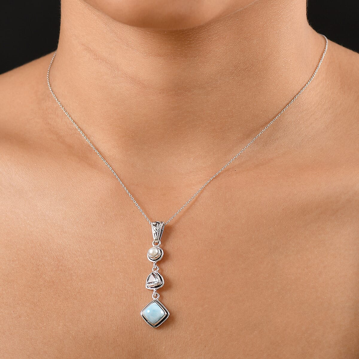 Larimar and Multi Gemstone 2.35 ctw Pendant Necklace in Rhodium Over Sterling Silver 20 Inches image number 2