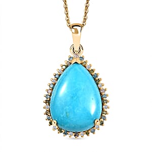 Premium Sleeping Beauty Turquoise and Luxuriant Lab Grown Multi Diamond SI 12.75 ctw Royal Bloom Fire Pendant Necklace in 18K Vermeil Yellow Gold Over Sterling Silver 20 Inches