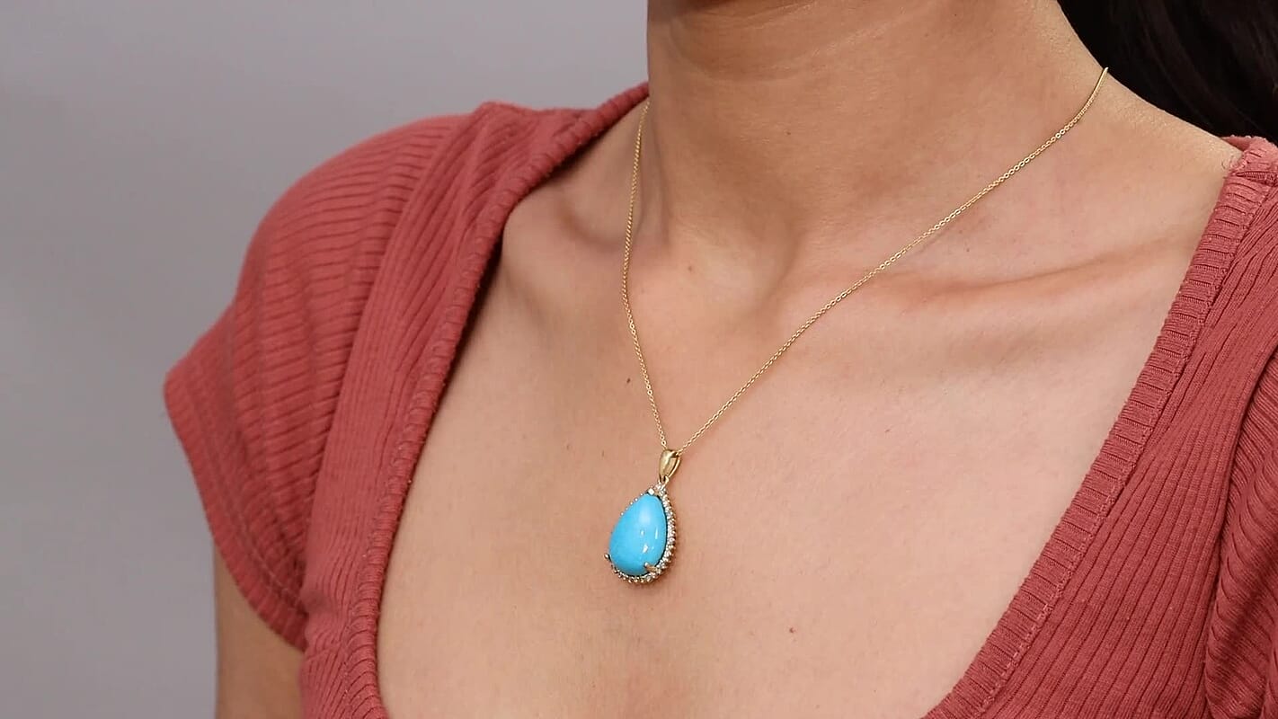 Premium Sleeping Beauty Turquoise and Luxuriant Lab Grown Multi Diamond SI 12.75 ctw Pendant Necklace in 18K Vermeil Yellow Gold Over Sterling Silver 20 Inches