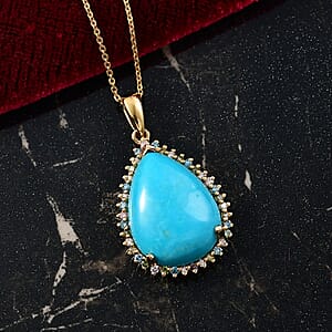 Premium Sleeping Beauty Turquoise and Luxuriant Lab Grown Multi Diamond SI 12.75 ctw Royal Bloom Fire Pendant Necklace in 18K Vermeil Yellow Gold Over Sterling Silver 20 Inches