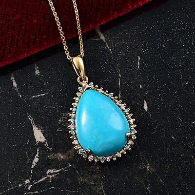 Premium Sleeping Beauty Turquoise and Luxuriant Lab Grown Multi Diamond SI 12.75 ctw Royal Bloom Fire Pendant Necklace in 18K Vermeil Yellow Gold Over Sterling Silver 20 Inches