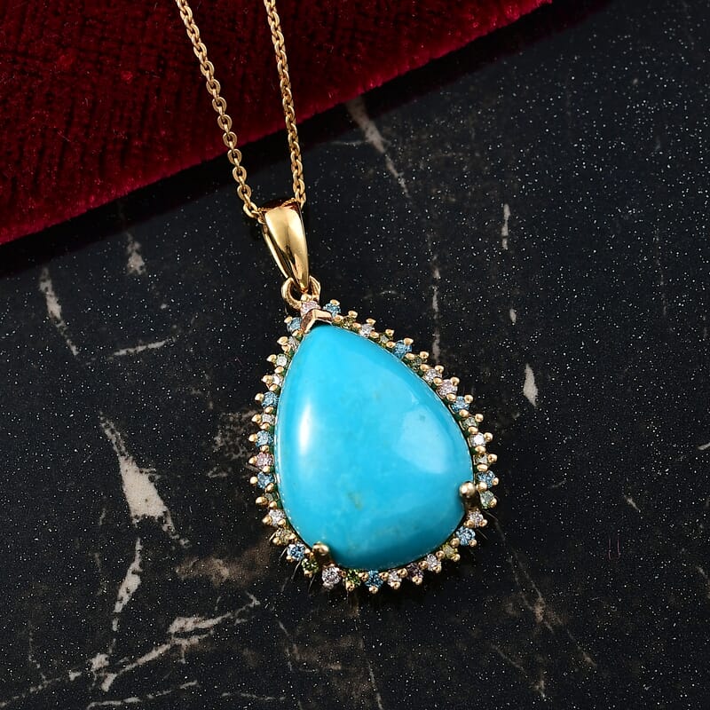 Premium Sleeping Beauty Turquoise and Luxuriant Lab Grown Multi Diamond SI 12.75 ctw Royal Bloom Fire Pendant Necklace in 18K Vermeil Yellow Gold Over Sterling Silver 20 Inches