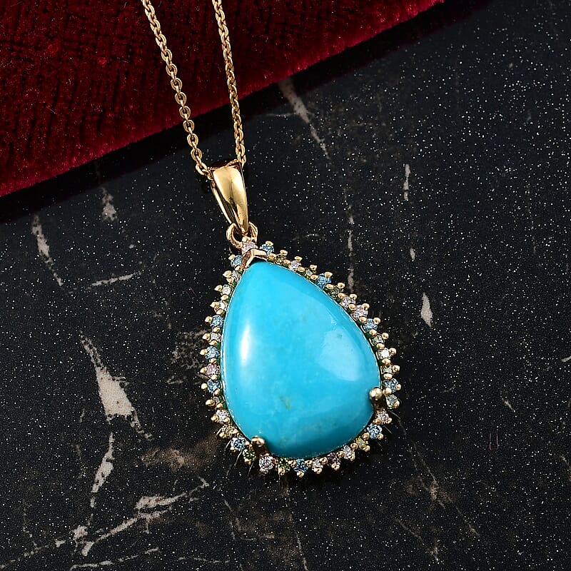 Premium Sleeping Beauty Turquoise and Luxuriant Lab Grown Multi Diamond SI 12.75 ctw Royal Bloom Fire Pendant Necklace in 18K Vermeil Yellow Gold Over Sterling Silver 20 Inches