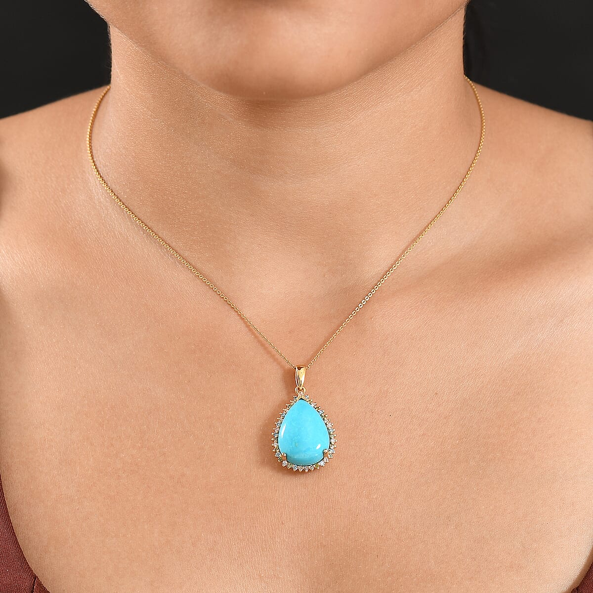 Premium Sleeping Beauty Turquoise and Luxuriant Lab Grown Multi Diamond SI 12.75 ctw Pendant Necklace in 18K Vermeil Yellow Gold Over Sterling Silver 20 Inches image number 2