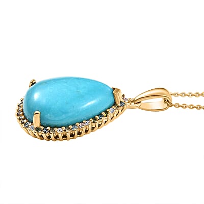 Premium Sleeping Beauty Turquoise and Luxuriant Lab Grown Multi Diamond SI 12.75 ctw Royal Bloom Fire Pendant Necklace in 18K Vermeil Yellow Gold Over Sterling Silver 20 Inches