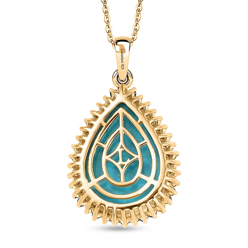 Premium Sleeping Beauty Turquoise and Luxuriant Lab Grown Multi Diamond SI 12.75 ctw Royal Bloom Fire Pendant Necklace in 18K Vermeil Yellow Gold Over Sterling Silver 20 Inches