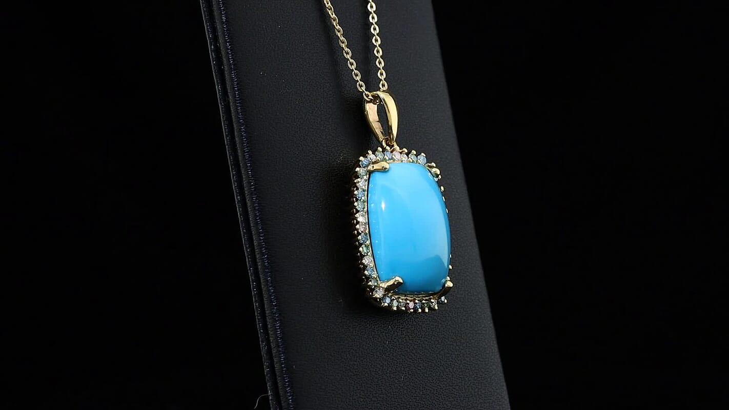 Premium Sleeping Beauty Turquoise and Luxuriant Lab Grown Multi Diamond SI 12.75 ctw Pendant Necklace in 18K Vermeil Yellow Gold Over Sterling Silver 20 Inches