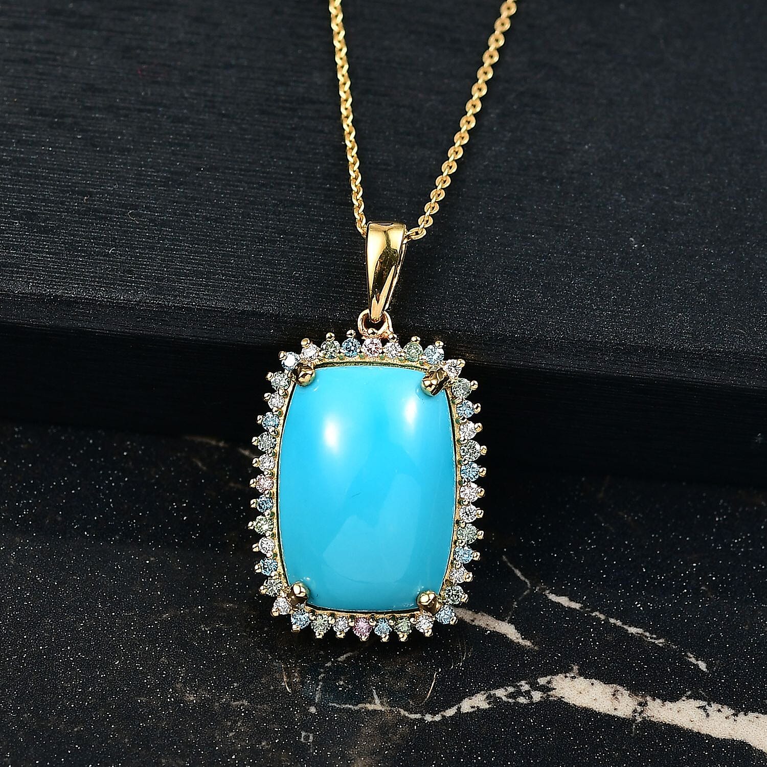 Premium Sleeping Beauty Turquoise and SI Luxuriant Lab Grown Multi Diamond 12.00 ctw Pendant Necklace in 18K Vermeil Yellow Gold Over Sterling Silver 20 Inches