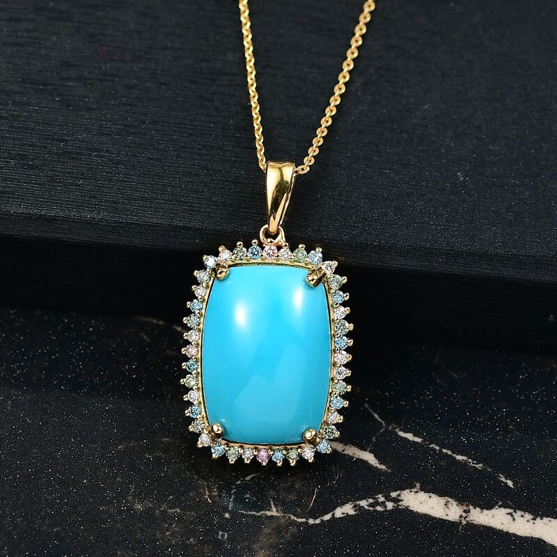 Premium Sleeping Beauty Turquoise and SI Luxuriant Lab Grown Multi Diamond 12.00 ctw Pendant Necklace in 18K Vermeil Yellow Gold Over Sterling Silver 20 Inches