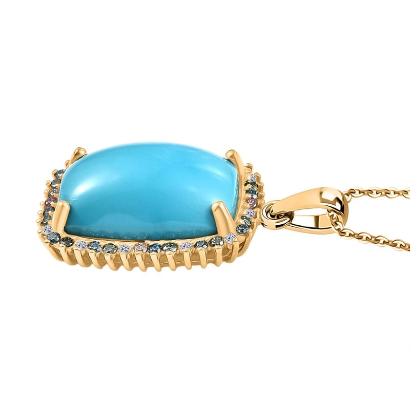 Premium Sleeping Beauty Turquoise and SI Luxuriant Lab Grown Multi Diamond 12.00 ctw Pendant Necklace in 18K Vermeil Yellow Gold Over Sterling Silver 20 Inches