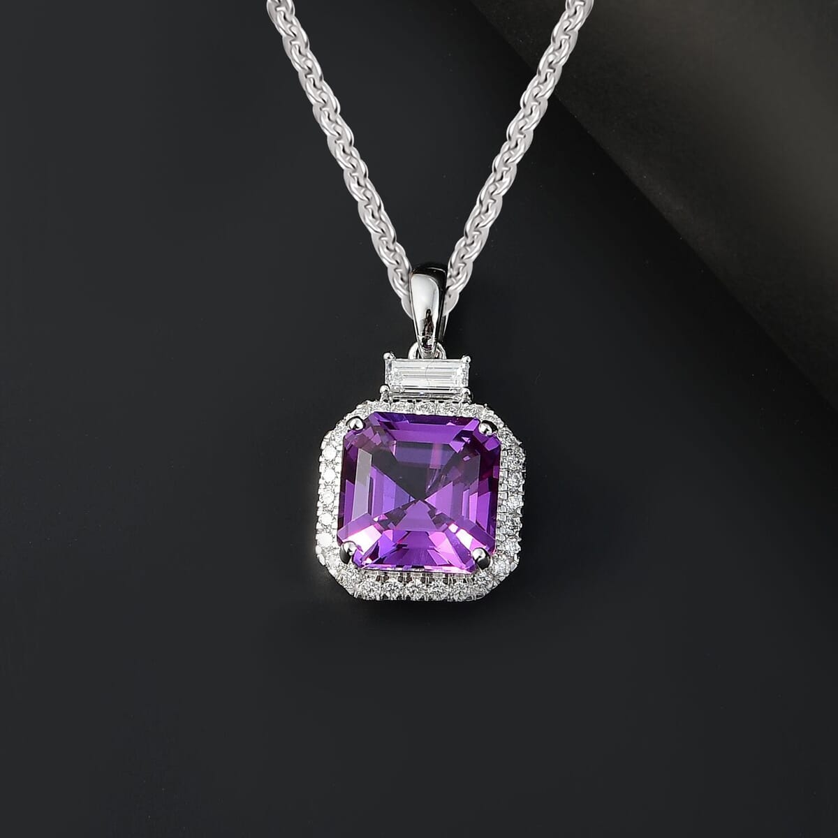 Certified & Appraised Luxuriant AAA Lab Grown Purple Sapphire and Lab Grown E-F VS Diamond 6.98 ctw Pendant Necklace in 10K White Gold 18 Inches image number 1