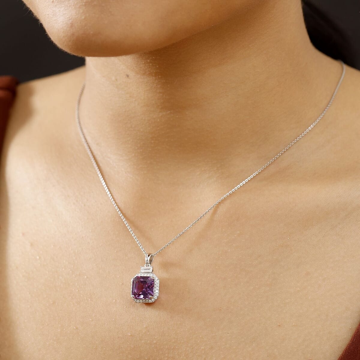 Certified & Appraised Luxuriant AAA Lab Grown Purple Sapphire and Lab Grown E-F VS Diamond 6.98 ctw Pendant Necklace in 10K White Gold 18 Inches image number 2
