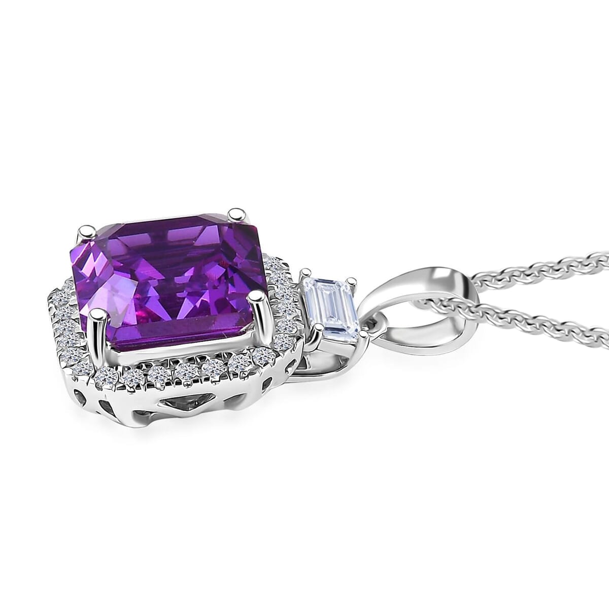 Certified & Appraised Luxuriant AAA Lab Grown Purple Sapphire and Lab Grown E-F VS Diamond 6.98 ctw Pendant Necklace in 10K White Gold 18 Inches image number 3