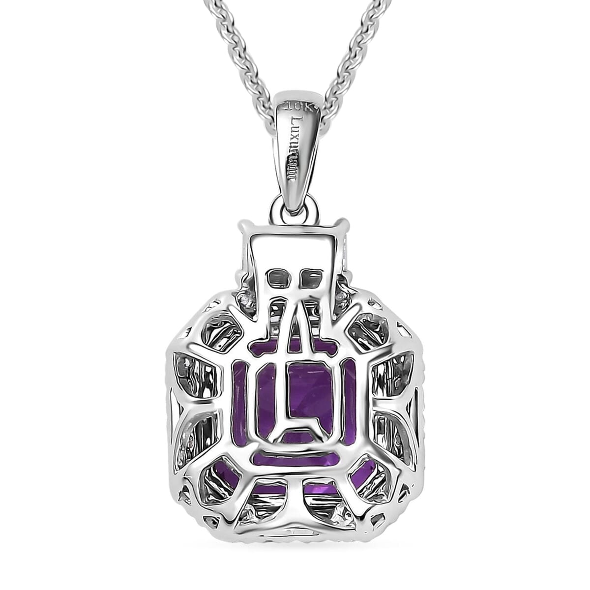Certified & Appraised Luxuriant AAA Lab Grown Purple Sapphire and Lab Grown E-F VS Diamond 6.98 ctw Pendant Necklace in 10K White Gold 18 Inches image number 4