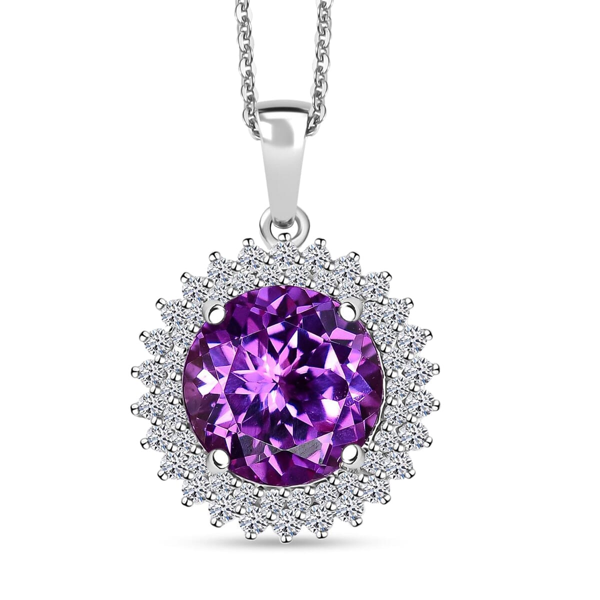 Certified & Appraised Luxuriant AAA Lab Grown Purple Sapphire and Lab Grown E-F VS Diamond 6.00 ctw Pendant Necklace in 10K White Gold 18 Inches image number 0