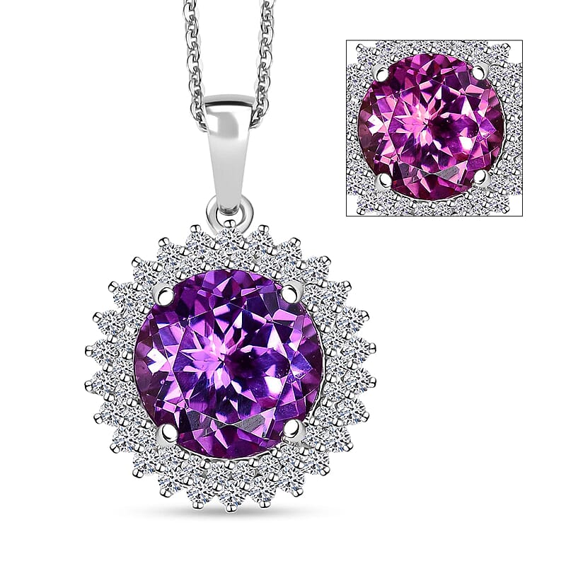 Certified & Appraised Luxuriant AAA Lab Grown Purple Sapphire and Lab Grown E-F VS Diamond 6.00 ctw Pendant Necklace in 10K White Gold 18 Inches