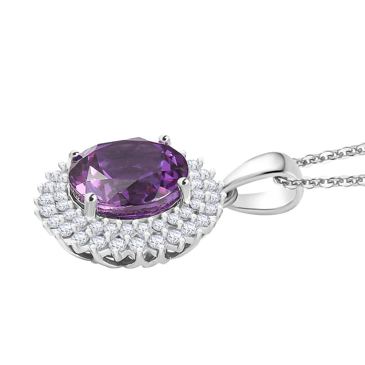 Certified & Appraised Luxuriant AAA Lab Grown Purple Sapphire and Lab Grown E-F VS Diamond 6.00 ctw Pendant Necklace in 10K White Gold 18 Inches image number 3