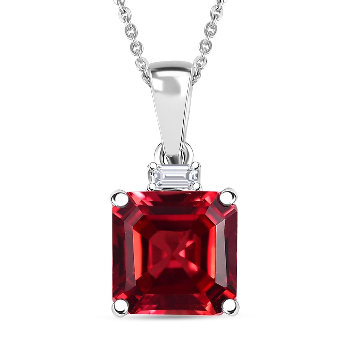 Certified & Appraised Luxuriant 10K White Gold AAA Asscher Cut Lab Grown Padparadscha Sapphire, Lab Grown Diamond (E-F, VS) Pendant Necklace (18 Inches) 3.52 ctw image number 0