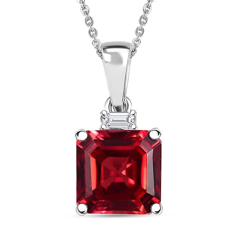 Certified & Appraised Luxuriant 10K White Gold AAA Asscher Cut Lab Grown Padparadscha Sapphire, Lab Grown Diamond (E-F, VS) Pendant Necklace (18 Inches) 3.52 ctw