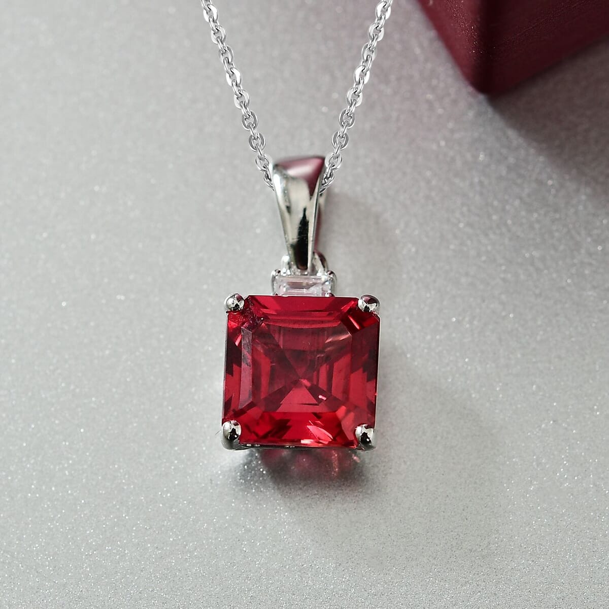 Certified & Appraised Luxuriant 10K White Gold AAA Asscher Cut Lab Grown Padparadscha Sapphire, Lab Grown Diamond (E-F, VS) Pendant Necklace (18 Inches) 3.52 ctw image number 1