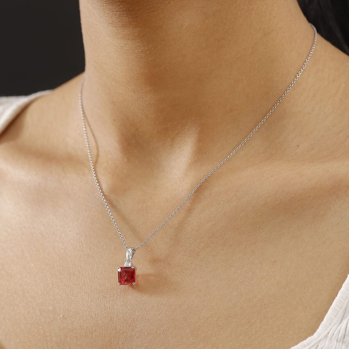 Certified & Appraised Luxuriant 10K White Gold AAA Asscher Cut Lab Grown Padparadscha Sapphire, Lab Grown Diamond (E-F, VS) Pendant Necklace (18 Inches) 3.52 ctw image number 2