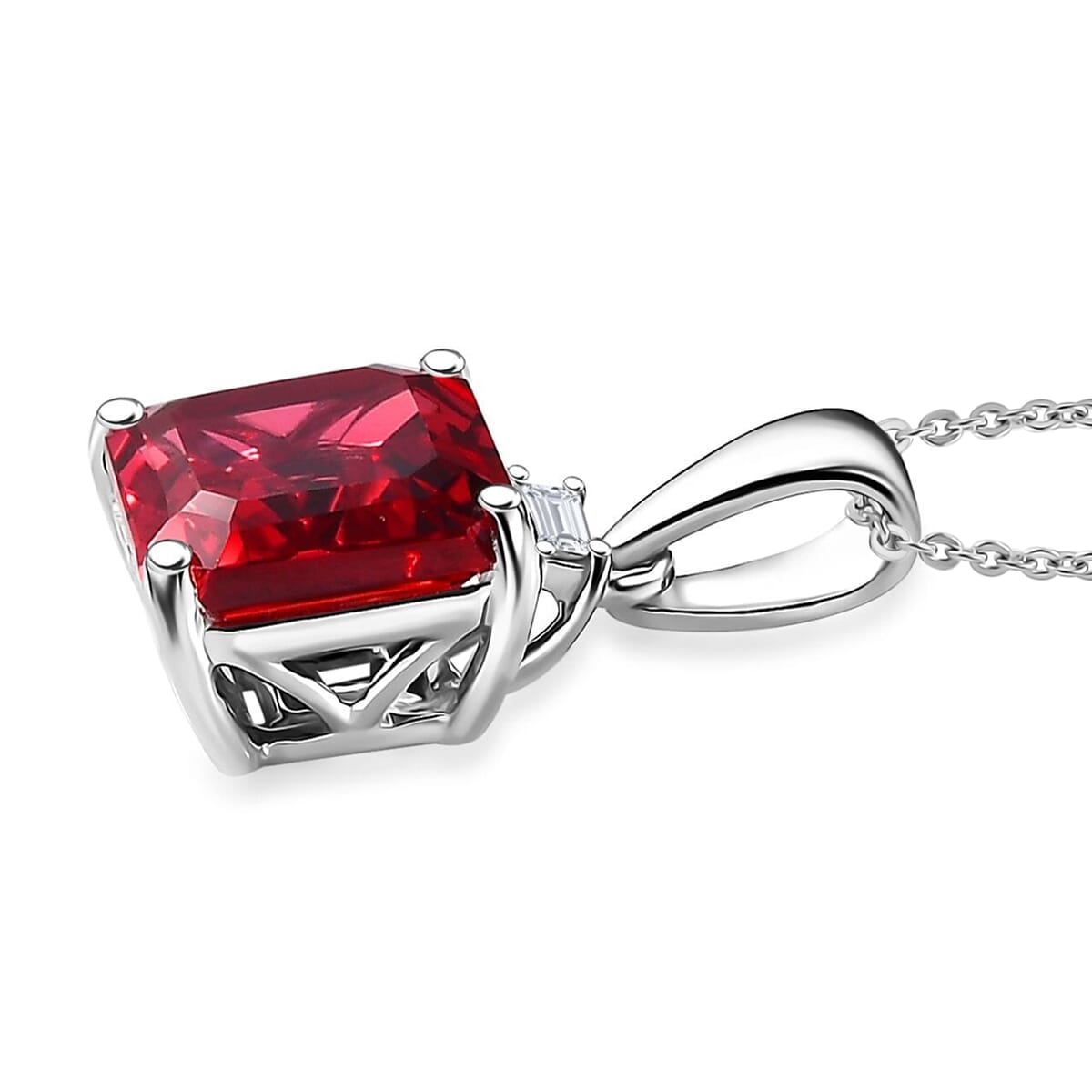 Certified & Appraised Luxuriant 10K White Gold AAA Asscher Cut Lab Grown Padparadscha Sapphire, Lab Grown Diamond (E-F, VS) Pendant Necklace (18 Inches) 3.52 ctw image number 3