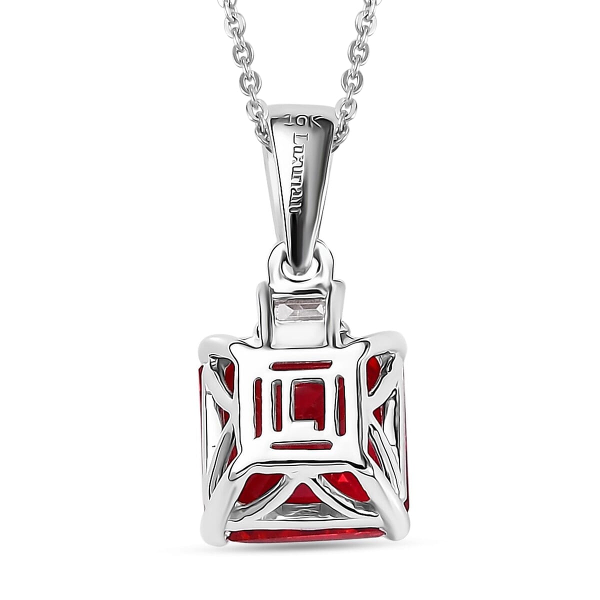 Certified & Appraised Luxuriant 10K White Gold AAA Asscher Cut Lab Grown Padparadscha Sapphire, Lab Grown Diamond (E-F, VS) Pendant Necklace (18 Inches) 3.52 ctw image number 4