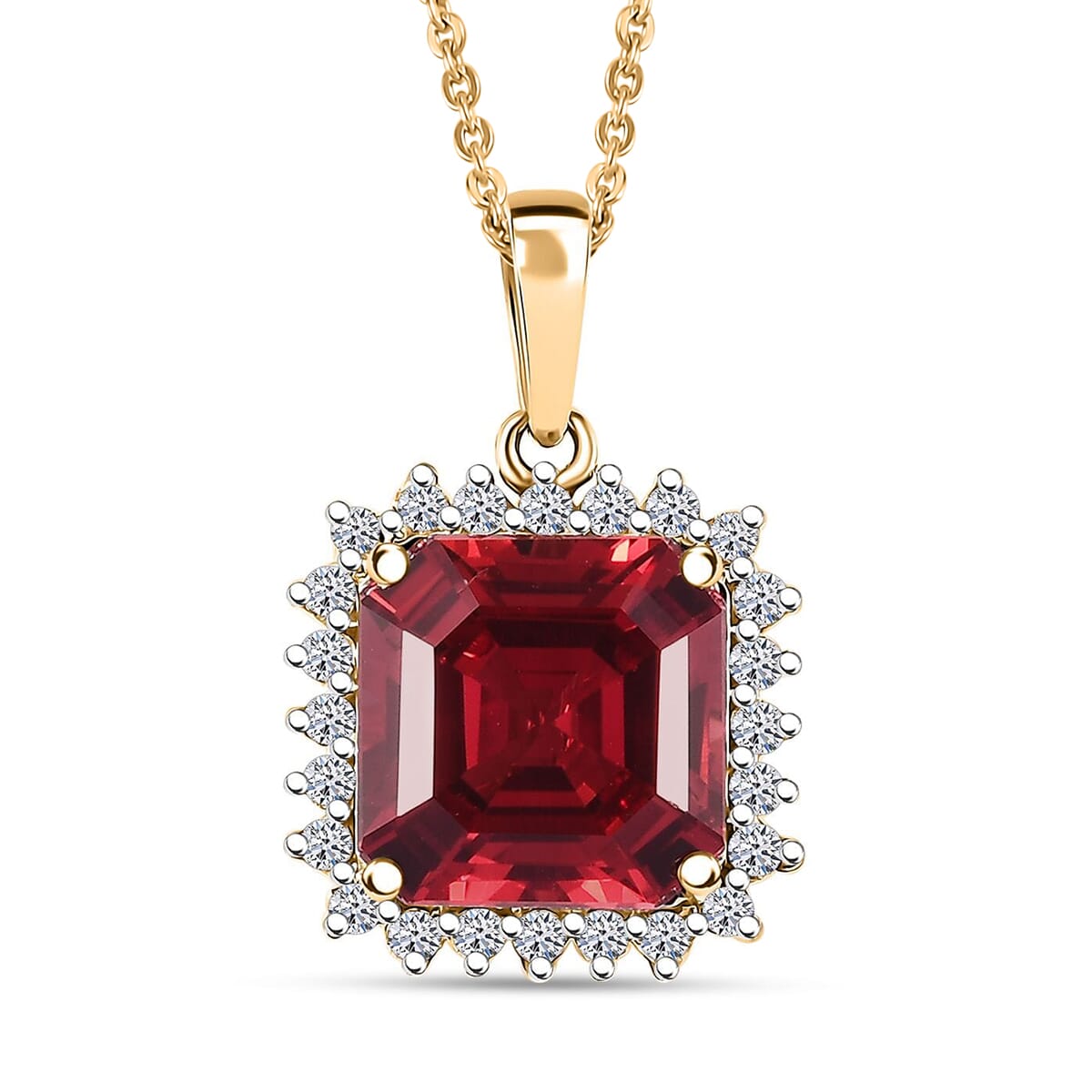 Certified & Appraised Luxuriant AAA Asscher Cut Lab Grown Padparadscha Sapphire and E-F VS Lab Grown Diamond 6.50 ctw Pendant Necklace in 10K Yellow Gold 18 Inches image number 0