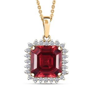 Certified & Appraised Luxuriant AAA Asscher Cut Lab Grown Padparadscha Sapphire and E-F VS Lab Grown Diamond 6.50 ctw Pendant Necklace in 10K Yellow Gold 18 Inches