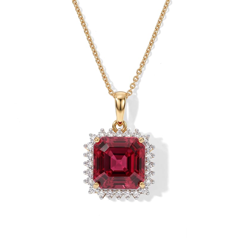 Certified & Appraised Luxuriant AAA Asscher Cut Lab Grown Padparadscha Sapphire and E-F VS Lab Grown Diamond 6.50 ctw Pendant Necklace in 10K Yellow Gold 18 Inches