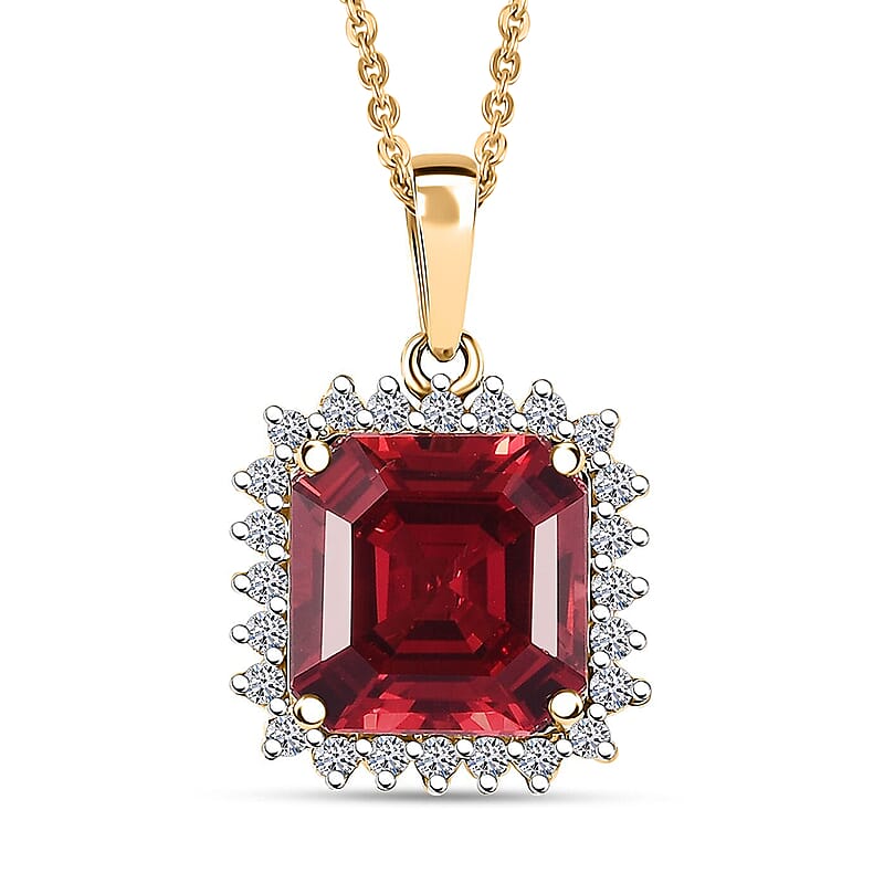 Certified & Appraised Luxuriant AAA Asscher Cut Lab Grown Padparadscha Sapphire and E-F VS Lab Grown Diamond 6.50 ctw Pendant Necklace in 10K Yellow Gold 18 Inches