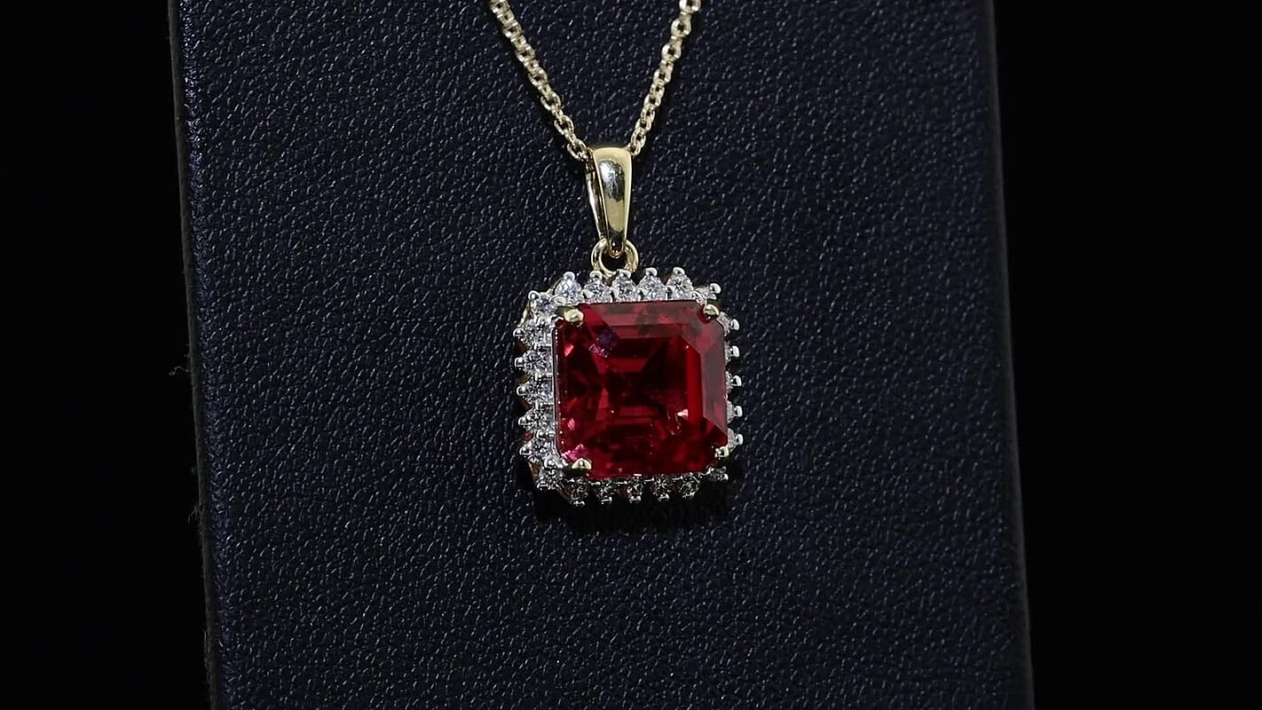 Certified & Appraised Luxuriant AAA Asscher Cut Lab Grown Padparadscha Sapphire and E-F VS Lab Grown Diamond 6.50 ctw Pendant Necklace in 10K Yellow Gold 18 Inches
