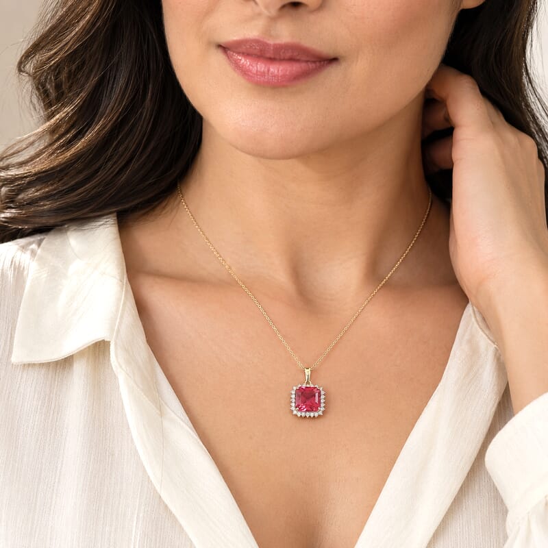 Certified & Appraised Luxuriant AAA Asscher Cut Lab Grown Padparadscha Sapphire and E-F VS Lab Grown Diamond 6.50 ctw Pendant Necklace in 10K Yellow Gold 18 Inches
