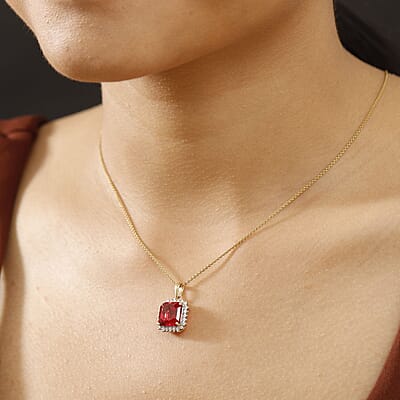 Certified & Appraised Luxuriant AAA Asscher Cut Lab Grown Padparadscha Sapphire and E-F VS Lab Grown Diamond 6.50 ctw Pendant Necklace in 10K Yellow Gold 18 Inches