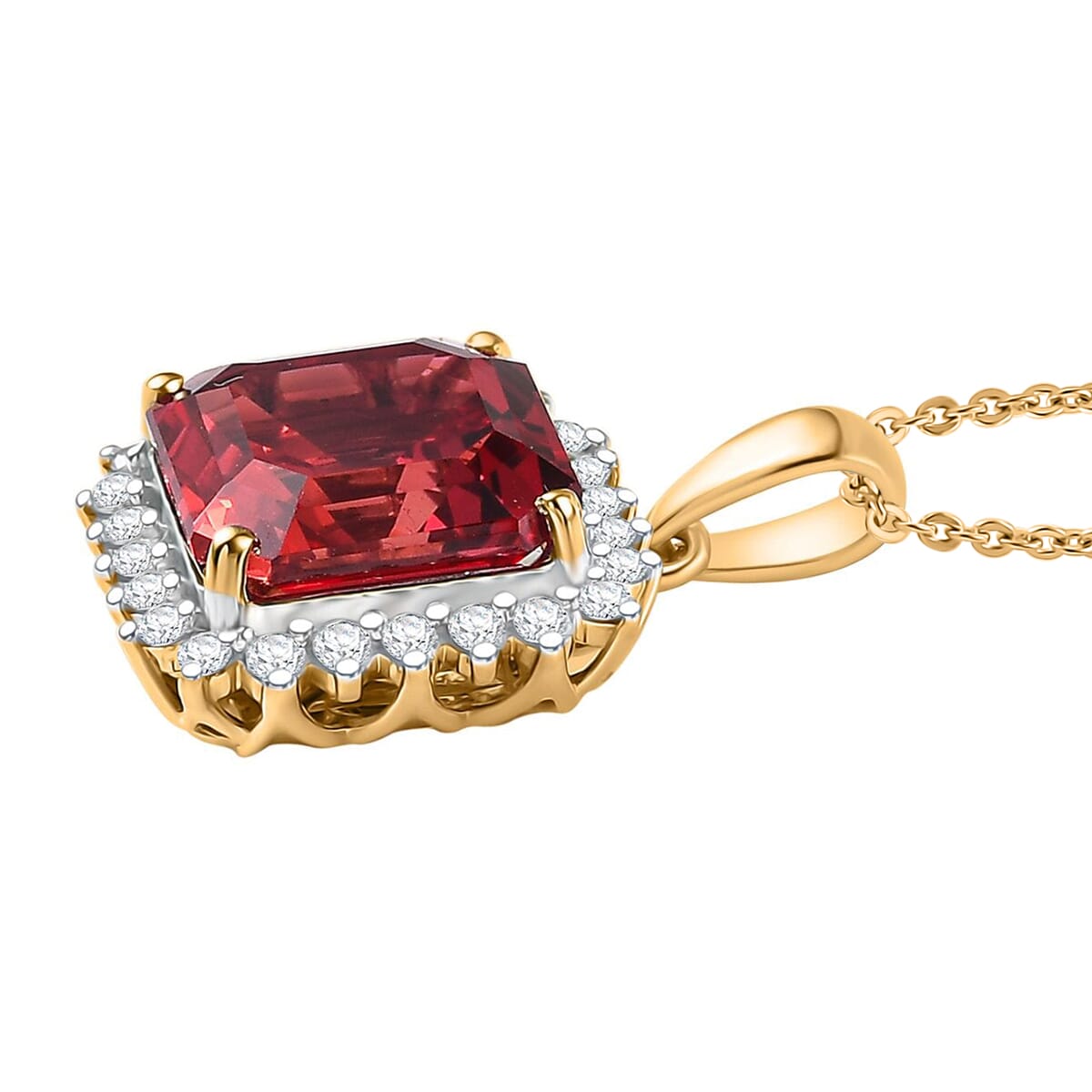 Certified & Appraised Luxuriant AAA Asscher Cut Lab Grown Padparadscha Sapphire and E-F VS Lab Grown Diamond 6.50 ctw Pendant Necklace in 10K Yellow Gold 18 Inches image number 3