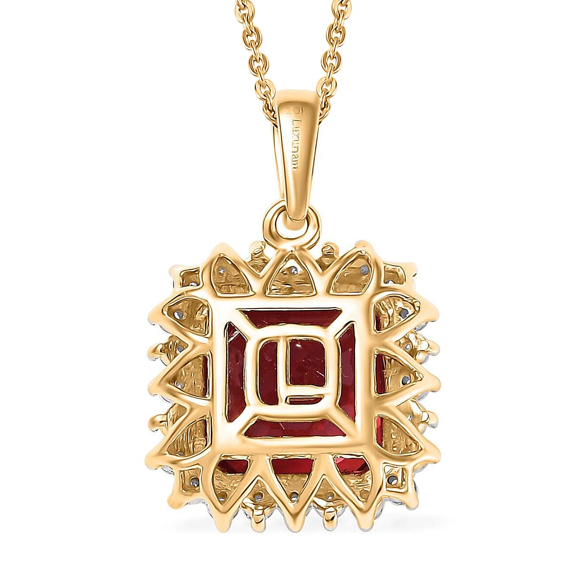 Certified & Appraised Luxuriant AAA Asscher Cut Lab Grown Padparadscha Sapphire and E-F VS Lab Grown Diamond 6.50 ctw Pendant Necklace in 10K Yellow Gold 18 Inches