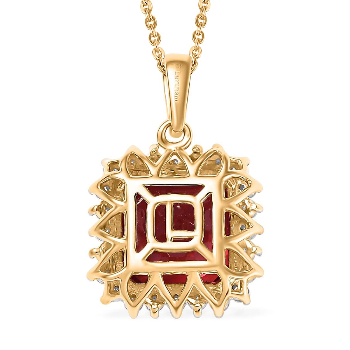 Certified & Appraised Luxuriant AAA Asscher Cut Lab Grown Padparadscha Sapphire and E-F VS Lab Grown Diamond 6.50 ctw Pendant Necklace in 10K Yellow Gold 18 Inches image number 4