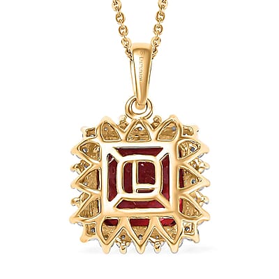 Certified & Appraised Luxuriant AAA Asscher Cut Lab Grown Padparadscha Sapphire and E-F VS Lab Grown Diamond 6.50 ctw Pendant Necklace in 10K Yellow Gold 18 Inches