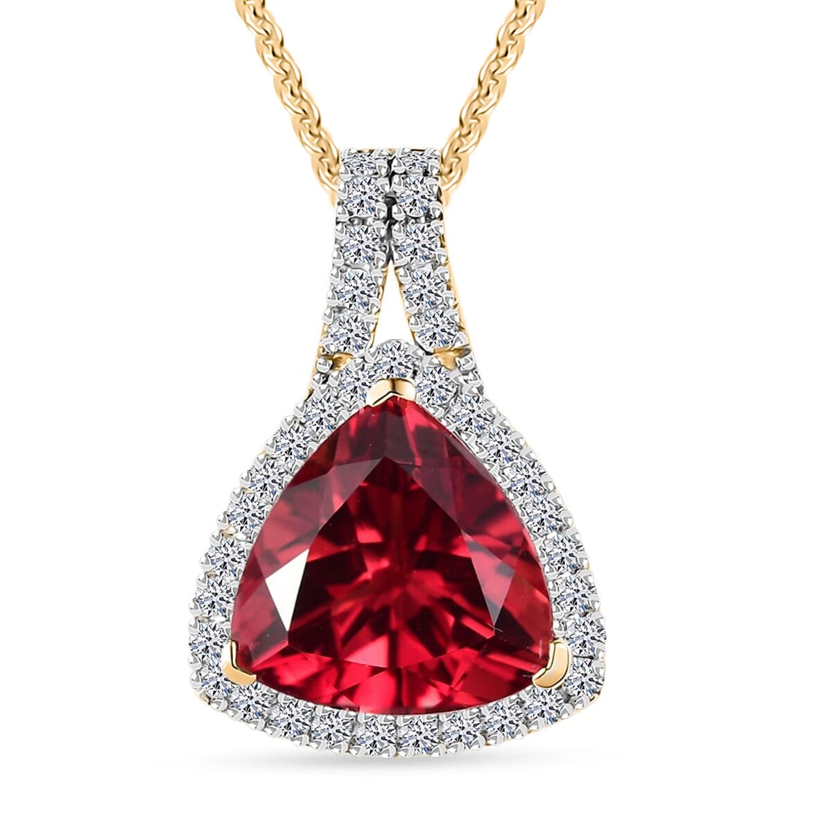 Certified & Appraised Luxuriant AAA Lab Grown Padparadscha Sapphire and E-F VS Lab Grown Diamond 5.07 ctw Pendant Necklace in 10K Yellow Gold 18 Inches image number 0