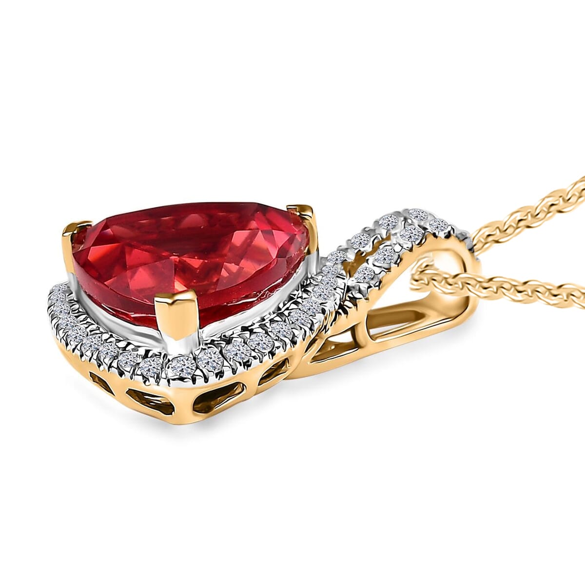 Certified & Appraised Luxuriant AAA Lab Grown Padparadscha Sapphire and E-F VS Lab Grown Diamond 5.07 ctw Pendant Necklace in 10K Yellow Gold 18 Inches image number 3