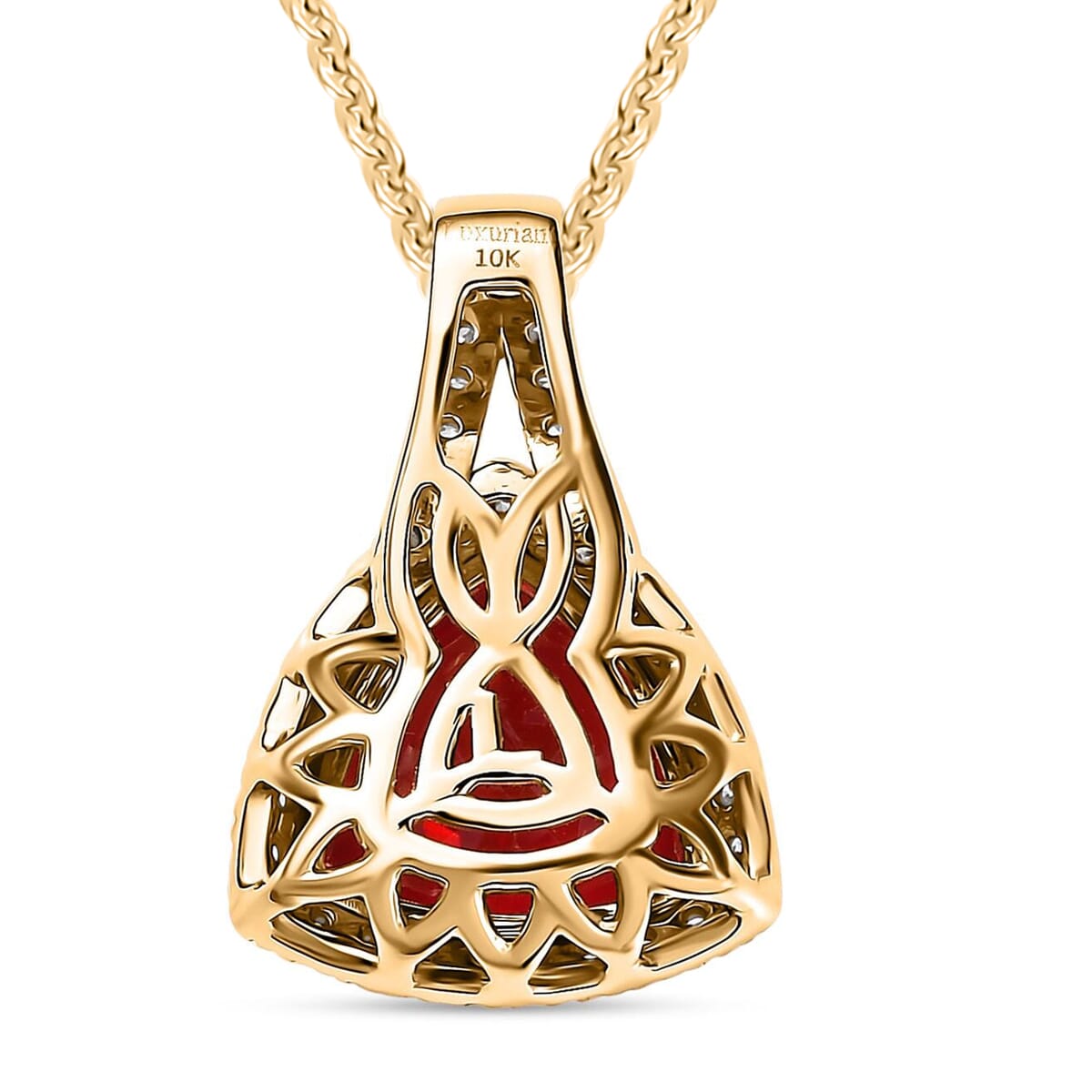 Certified & Appraised Luxuriant AAA Lab Grown Padparadscha Sapphire and E-F VS Lab Grown Diamond 5.07 ctw Pendant Necklace in 10K Yellow Gold 18 Inches image number 4