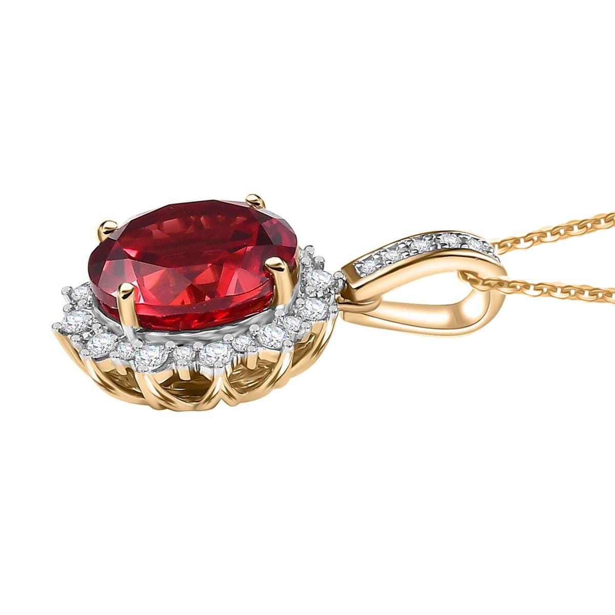 Certified & Appraised Luxuriant AAA Lab Grown Padparadscha Sapphire and E-F VS Lab Grown Diamond 5.50 ctw Pendant Necklace in 10K Yellow Gold 18 Inches image number 3