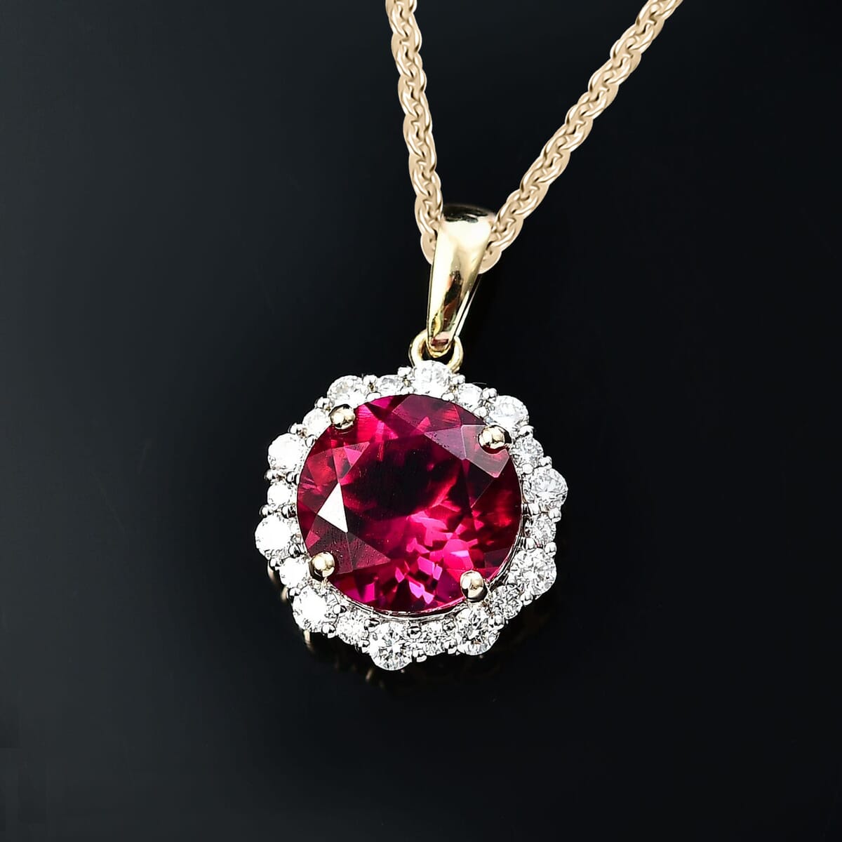 Certified & Appraised AAA Luxuriant Bixbite (LG) and E-F VS Lab Grown Diamond 3.51 ctw Pendant Necklace in 10K Yellow Gold 18 Inches image number 1