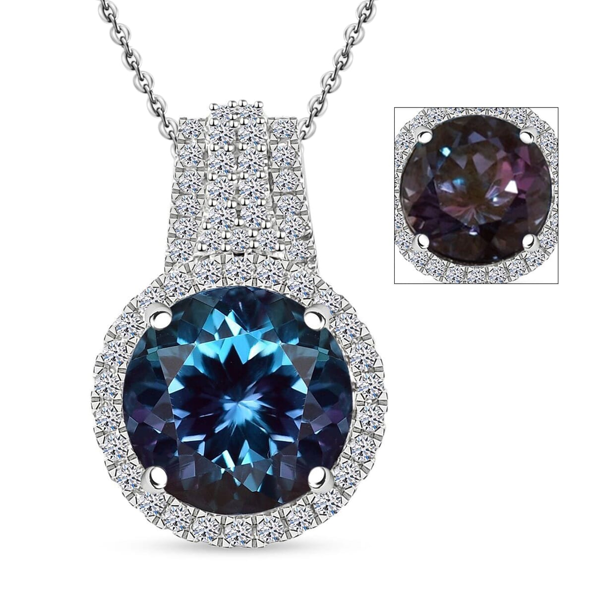Certified & Appraised Luxuriant AAA Lab Grown Alexandrite and E-F VS Lab Grown Diamond 5.38 ctw Pendant Necklace in 10K White Gold 18 Inches image number 0