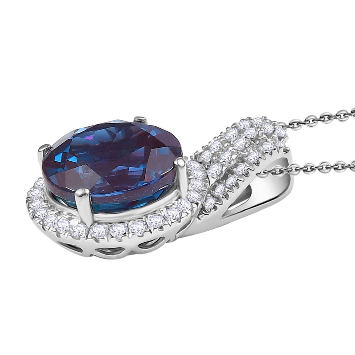Certified & Appraised Luxuriant AAA Lab Grown Alexandrite and E-F VS Lab Grown Diamond 5.38 ctw Pendant Necklace in 10K White Gold 18 Inches image number 3