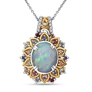 D'Joy Ethiopian Welo Opal and Multi Gemstone 3.85 ctw Pendant Necklace 20 Inches in 18K Vermeil YG and Rhodium Over Sterling Silver