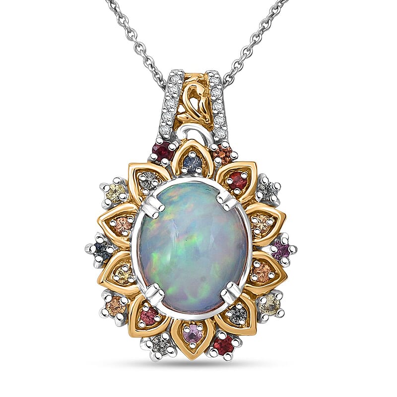 D'Joy Ethiopian Welo Opal, Multi Gemstone Moonflower Pendant Necklace in 18K Vermeil YG and Rhodium Over Sterling Silver 3.85 ctw (20 Inches)