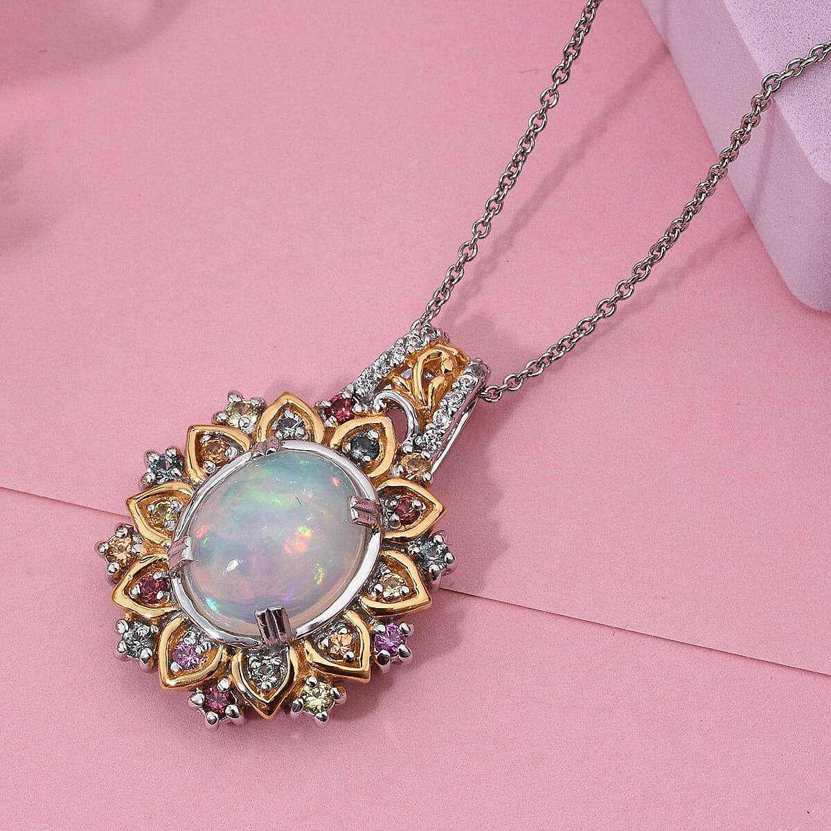 D'Joy Ethiopian Welo Opal and Multi Gemstone 3.85 ctw Pendant Necklace 20 Inches in 18K Vermeil YG and Rhodium Over Sterling Silver image number 1