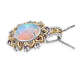 D'Joy Ethiopian Welo Opal, Multi Gemstone Moonflower Pendant Necklace in 18K Vermeil YG and Rhodium Over Sterling Silver 3.85 ctw (20 Inches)